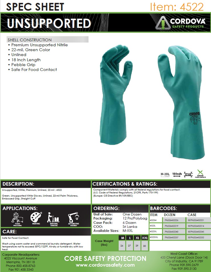 Cordova Nitrile Gloves, 18 Inch Unlined 4522