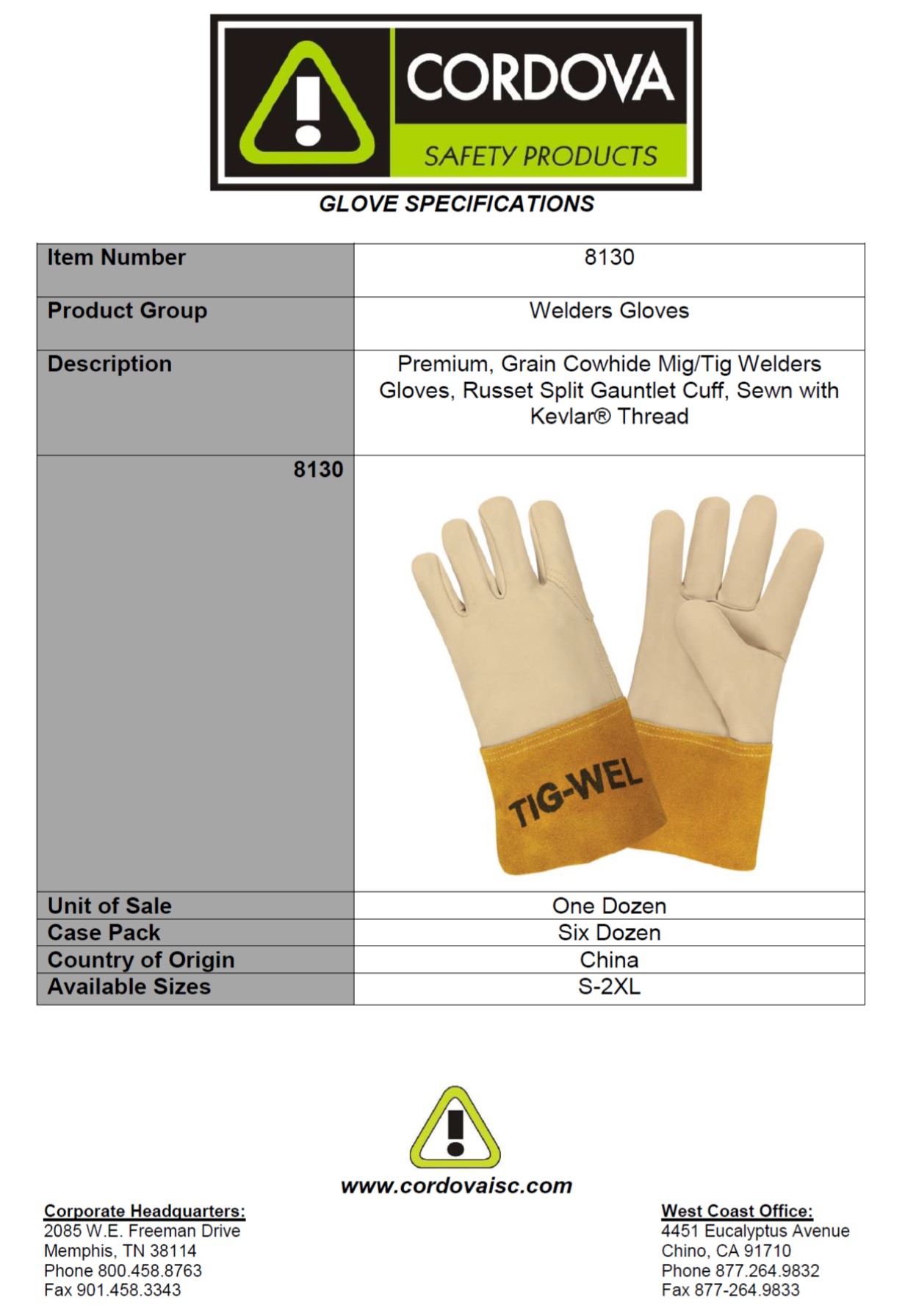 Cordova Safety Products 8130L Premium Grain Cowhide Welding Gloves Large 