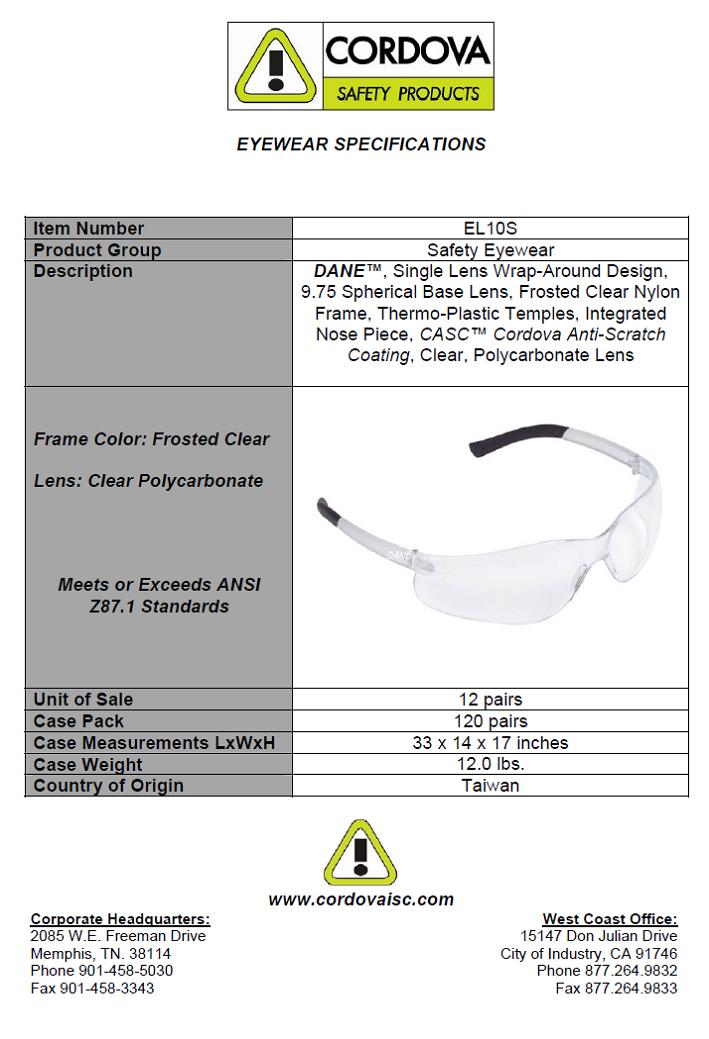 12 Pair/Box Cordova DANE Safety Glasses Clear Anti-Fog Lens