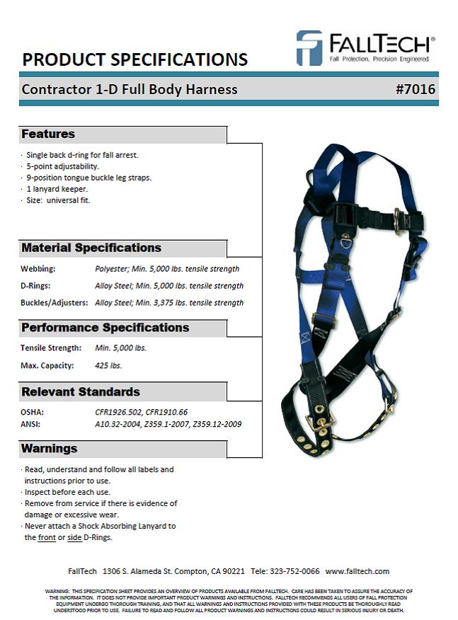 Universal Fit FallTech 7016 Contractor Full Body Harness with 1 D-Ring and Tongue Buckle Leg Straps 