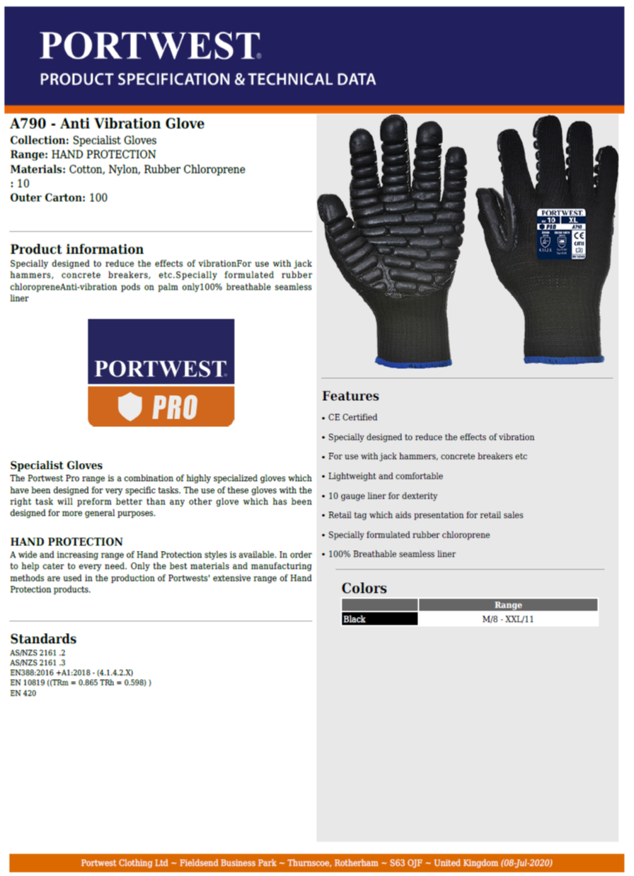 Portwest Anti Vibration Glove A790 Case of 10 