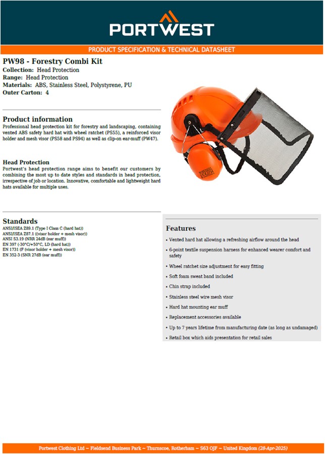 Portwest Forestry/Landscaping Head Protection PW98