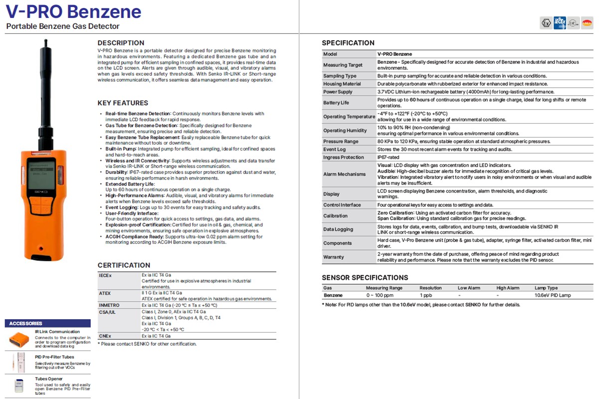 Senko Portable Benzene Detector, PID Sensor, V-PRO
