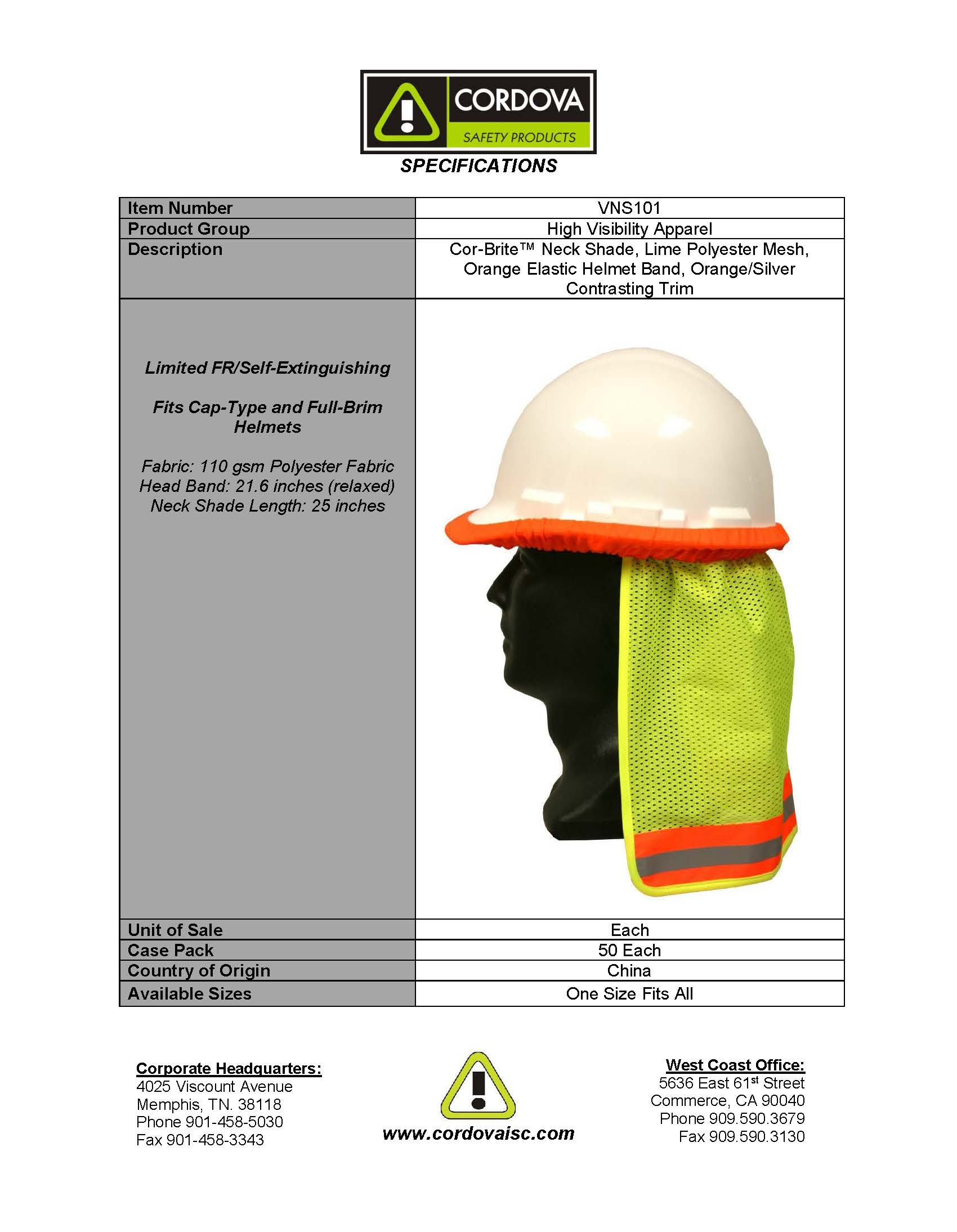 Cordova Hard Hat Neck Shade, Hi-Vis Lime VNS101